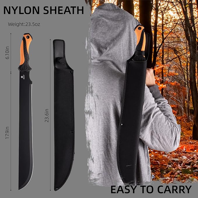 REAT Gardening Heavy Duty Machete,24" Full Tang Machete with Shaeth,Ergonomic No-Slip Handle,Machetes for Bushcraft, Outdoor Hunting, Garden Cutting Trees and Yard Work (Orange)