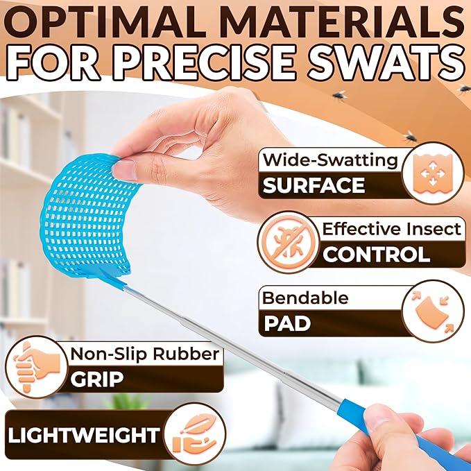 3 Pcs Fly Swatter for Indoors – 28.6" Telescoping Handle, Stainless Steel, Flexible Bug & Mosquitoes Fly Swatters, Bright Colors FlySwatter Heavy Duty for Kitchen & Home