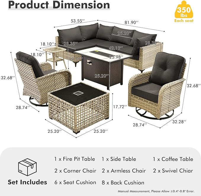 HOOOWOOO Outdoor Patio Furniture Set with Fire Pit Table,9 Pieces Wicker Out Door Sectional Furniture L Shaped Couch,Outside Patio Conversation Sets Swivel Chair,Denim Blue