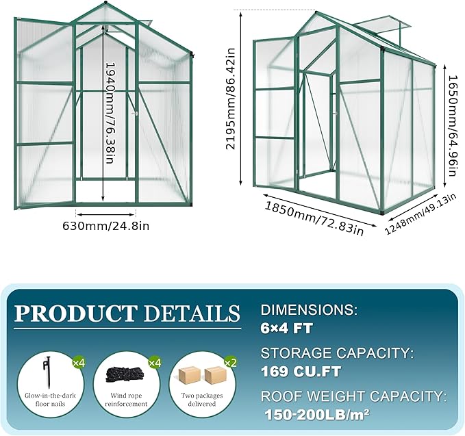 6*4.2*7.2FT Greenhouse for Outdoors, Polycarbonate Greenhouse with Stronger Wind Protection and Roof Vent, Walk-in Large Aluminum Sunroom Winter Proof, Green