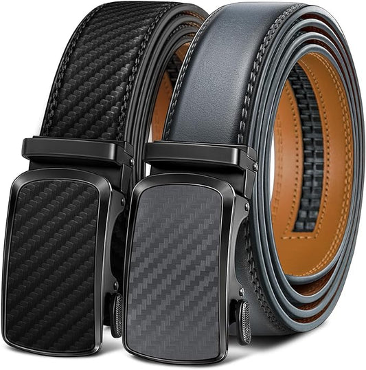 BULLIANT Men's Ratchet Belt 2 Pack-Click Leather Belt Adjustable for Men Gift 1 3/8-Cut for Perfect Fit