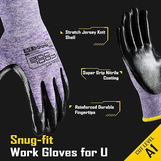 COOLJOB 10 Pairs Nitrile Dipped Rubber Coated Safety Work Gloves with Grip, Non-slip Bulk Gardening Roofing Gloves for Ladies Women, Oil-resistant Gear for Package Handler, Warehouse Worker, Medium