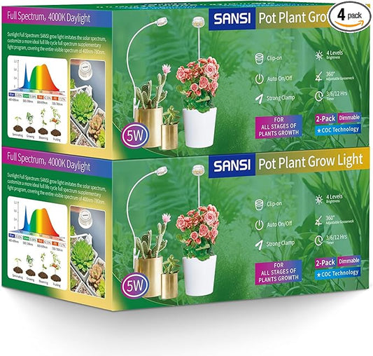 SANSI Grow Lights for Indoor Plants, Pot Clip LED Plant Lights for Indoor Growing, Full Spectrum, with 4-Level Dimmable, Auto On Off 3 6 12 Hrs Timer for Small Plants, Gardening Gifts White 5V 4-Pack