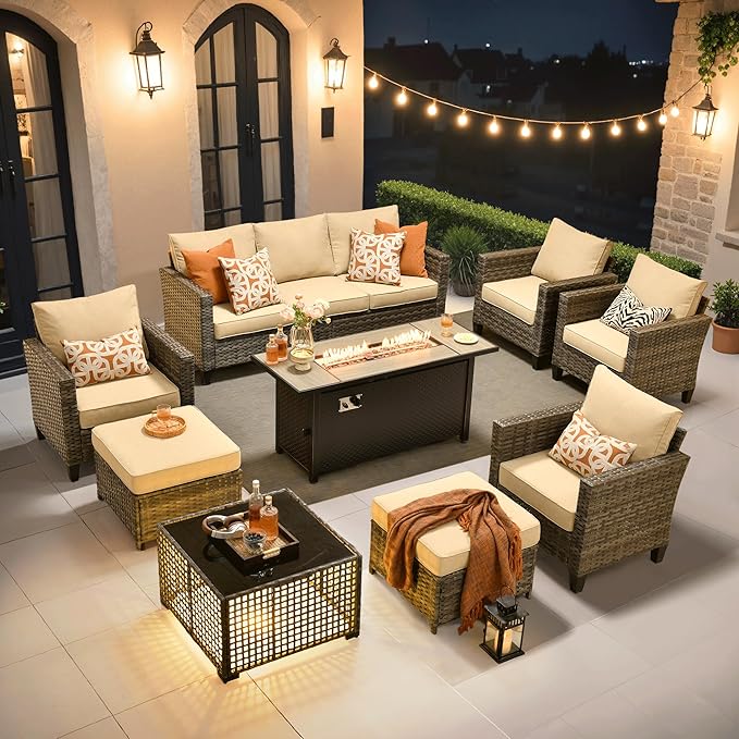 ovios 9 Pieces Patio Furniture Set with 54" Fire Pit Table, Outdoor Sofa Couch with Solar Lights Table Comfy Cushions, Modern Deep Seat Wicker Rattan Conversation Set, Beige