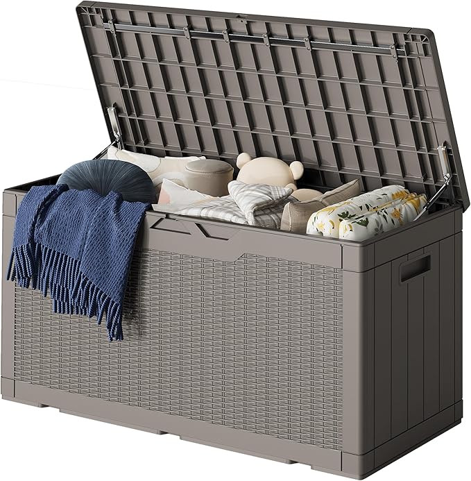 Greesum 100 Gallon Resin Deck Box Lockable Large Outdoor Storage Boxes for Garden Tools, Patio Furniture Cushions, Pool Supplies, Light Coffee