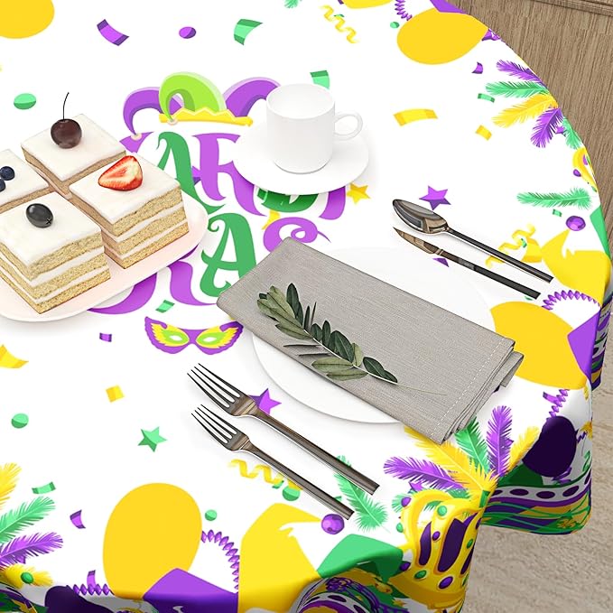 Giwawa Mardi Gras Round Tablecloth 60 Inch, Carnival Mask Balloon Table Cover Seasonal Festival Holiday Kitchen Dining Table Decoration for Indoor Outdoor Home Party Decor