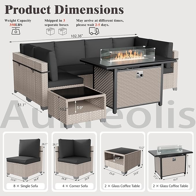 8 Pieces Patio Furniture Set with Fire Pit Table, Outdoor Sectional Wicker Sofa with Thick Cushions and Storage Coffee Table, Rattan Patio Conversation Sets, Black