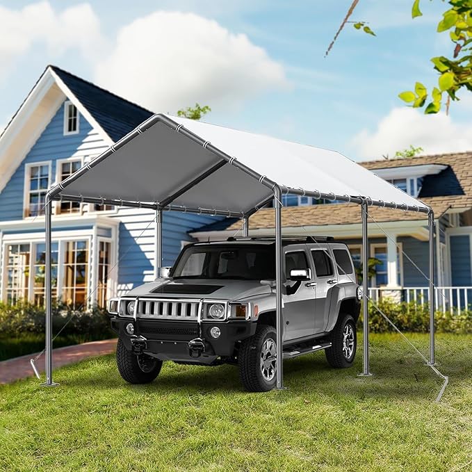 Carport, 10x20ft Heavy Duty Portable Garage, Car Port with Storage Shed, Car Canopy Car Tent with Steel Frame All-Season Tarp for Car, Truck, Boat, Party (B-White)