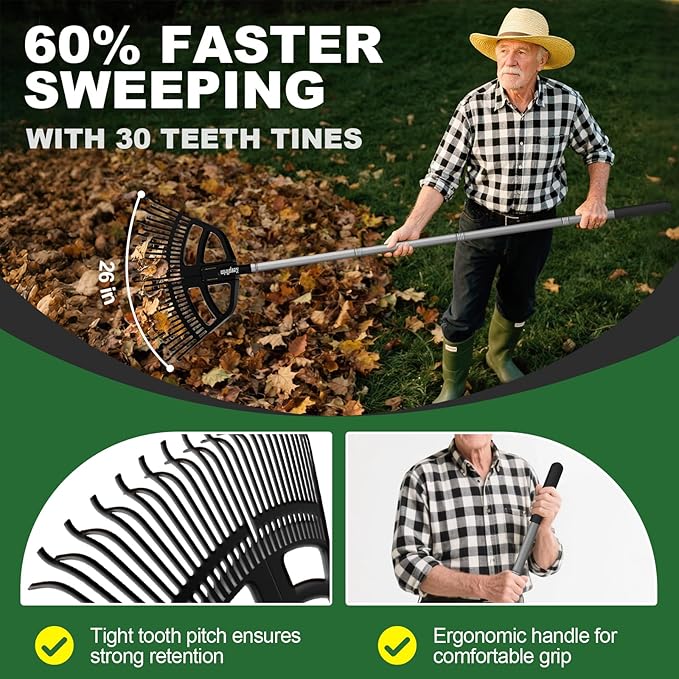 Adjustable Leaf Rake 30-65 Inch – 30 Tines Garden Rakes with Non-Slip Handle&Quick-Detach Head Lightweight Yard Rake for Wet Leaves, Pine Needles, Gravel