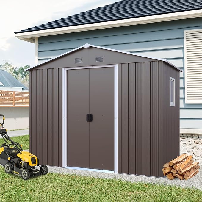 4x8 FT Outdoor Storage Shed, Metal Garden Shed with Frame Floor, Outside Tool Shed with Window, Waterproof Storage Building with Lockable Sliding Doors & Sloped Roof for Backyard, Patio, Warm Gray