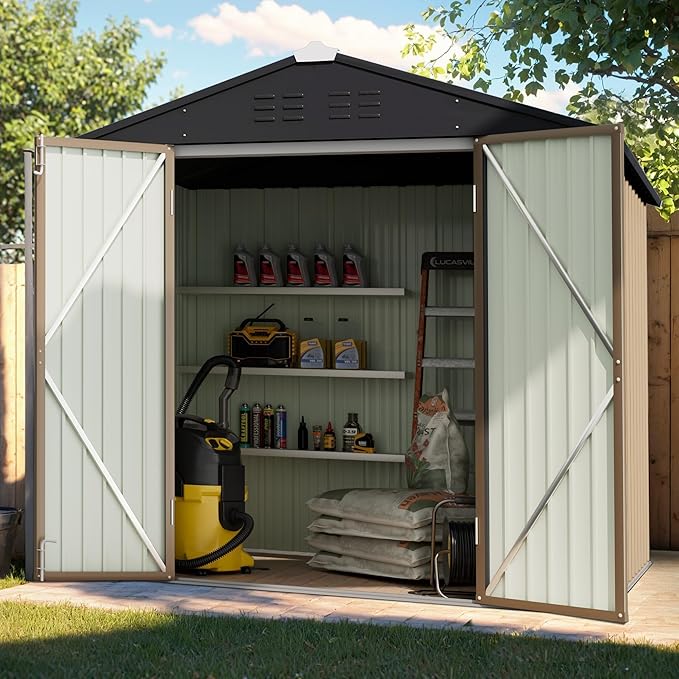 GUNJI 6 x 4 FT Shed Outdoor Storage Shed Metal Garden Shed with Lockable Door Outside Waterproof Tool Shed for Backyard, Patio, Lawn (Brown)