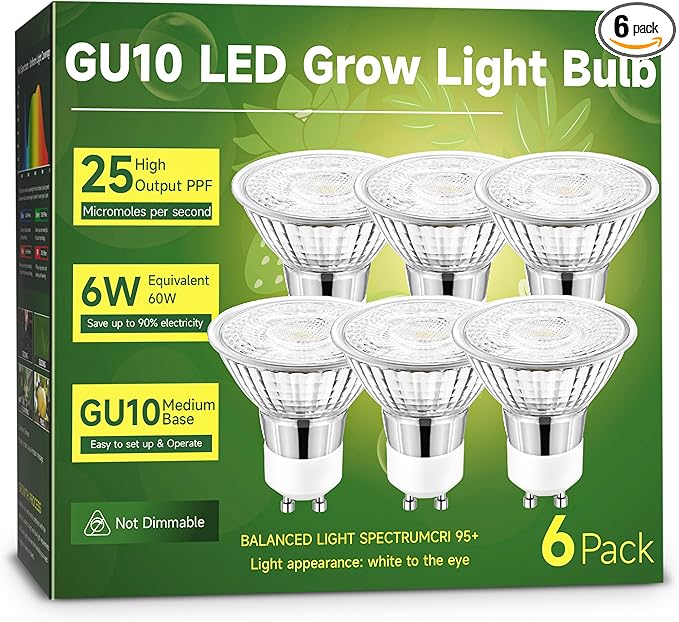 6W LED GU10 Grow Light Bulb, Natural White 4000K Full Spectrum Plant Light for Indoor Plants, E26 Base, 6 Pack