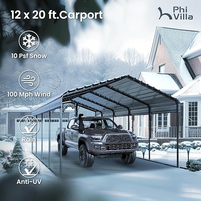 PHI VILLA 12 x 20 ft Carport Metal Carports with Galvanized Steel Roof, Sturdy Heavy Duty Metal Carport for Cars, Boats, and Tractors