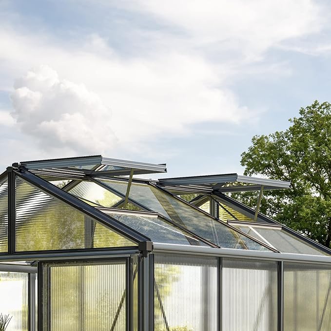 Greenhouse Diamas 24 Premium 7.7 x 15.1 ft with Approx. 16 mm Polycarbonate Panels, Natural Aluminum Color, with 2 Automatic Vent Openers