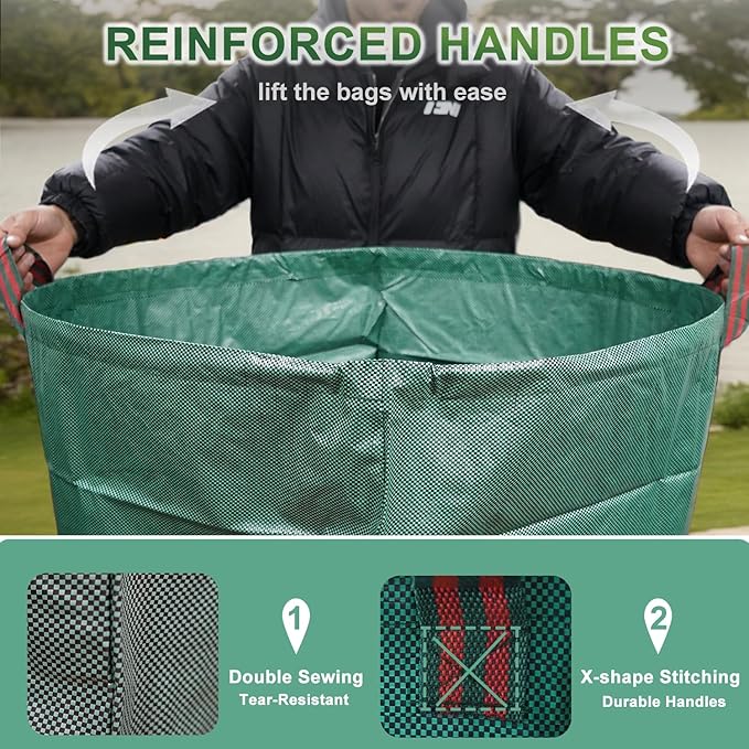 Hugeleaf 3 Pack Reusable Yard Waste Bags, 132 Gallon Extra Large Heavy Duty Lawn and Leaf Bags with Reinforced Handles, Standable Yard Bags for Lawn Leaves and Waste Collection