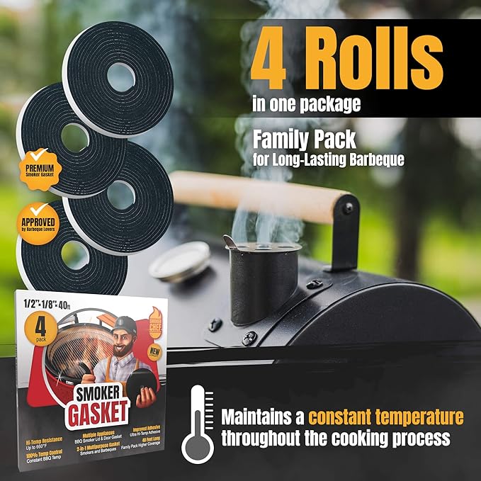 XXL 40 FT Grill Gasket for Smokers - Black 1/2’’ x 1/8’’ Hi Temp Seal Smoker Gasket – 4-Pack x 10 FT Self Stick Black Nomex Fire Tape BBQ Lid – Bbq Grill Smoker Accessories Gifts for Men