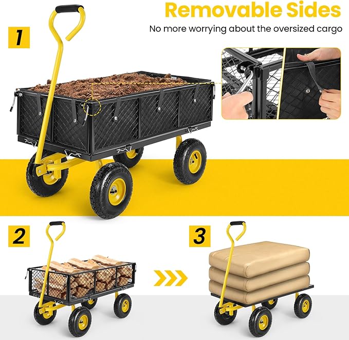 TEANDE Garden Cart, Heavy Duty 880 Lbs Capacity Mesh Steel Garden Cart with Removable Sides to Convert into Flatbed, Utility Metal Wagon with 180° Rotating Handle and 10 in Tires