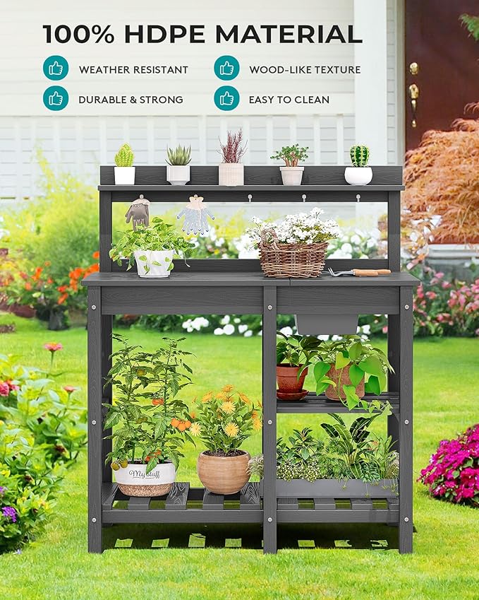 SERWALL Potting Bench Outdoor Potting Table with Sink, HDPE Potting Benches for Outside Gardening Table All Weather Use- Gray