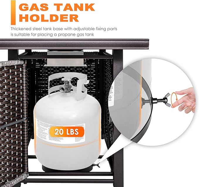 Nuu Garden Outdoor 43" 50,000 BTU Propane Gas Fire Pit Table, Ceramic Tabletop and Rattan Weaved Iron Frame, Water-Proof Oxford Cover, Glass Wind Guard, Glass Beads, Lid Included, Dark Brown & Coffee