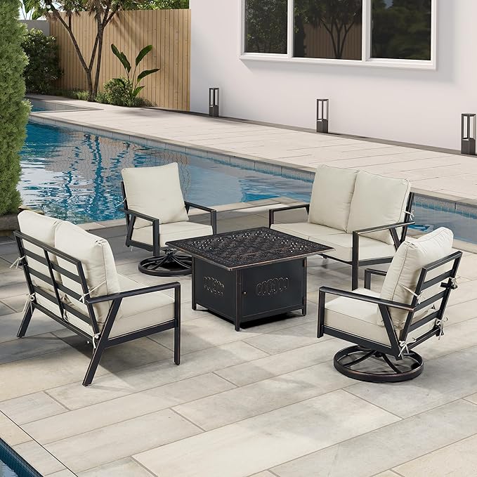 Oakland Living Black Aluminum Patio Fire Table Set with Two Deep Seating Loveseat with Cushions and Two Club Chairs with Light Grey Cushions