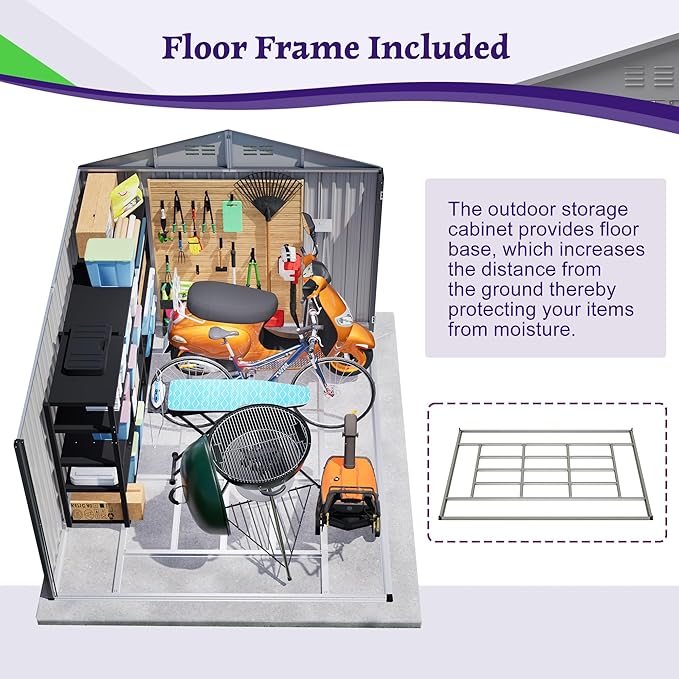 10X8 FT Outdoor Storage Shed,Metal Shed W/Window,Floor Frame & Lockable Swing Door,Garden Tool House W/ 4 Air Vents & Sloped Roof,for Backyard Patio Lawn,Gray