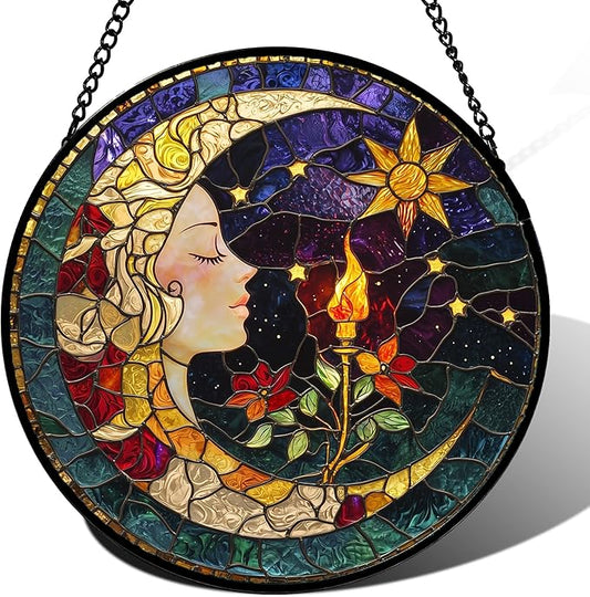 Stained Glass Window Hanging, Moon Goddess Torch Suncatcher Diamond Glass Panel Hangings Dream Sun Catchers Decor for Birthday for Women, Men, Wife, Aunt, and Mom 14.9x14.9 in