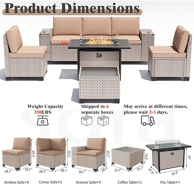 13 Pieces Patio Furniture Set with Fire Pit Table, Outdoor Sectional Wicker Sofa with Thickened Cushions and Coffee Table, High Back Rattan Patio Conversation Sets, Khaki