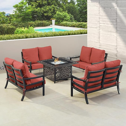 Oakland Living Black Aluminum Patio Fire Table Set with Four Deep Seating Loveseat with Cushions with Red Cushions
