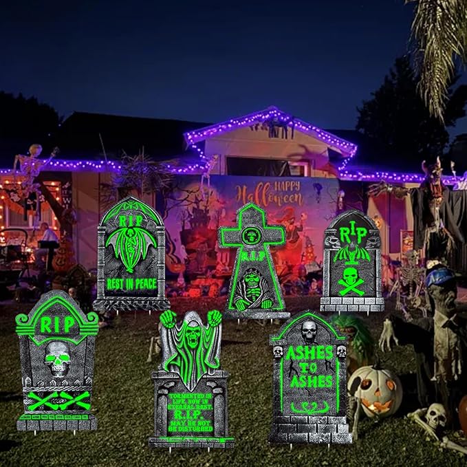 6Pcs Halloween Graveyard Decor, 16"x25" Glow in The Dark Tombstones for Outdoor Displays, Durable and Waterproof Gravestones, Light up Spooky Cemetery Decorations for Halloween
