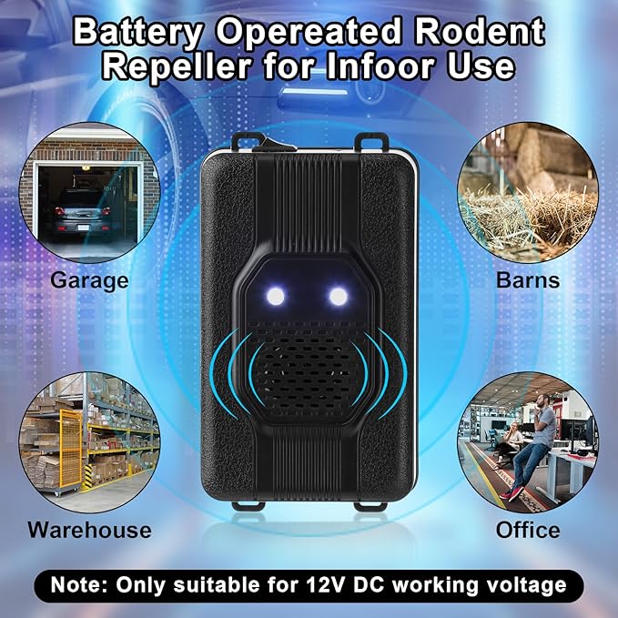 Qualirey 2 Pcs Under Hood Rodent Car Repeller Battery Operated Ultra Sonic Rat Rodent Electronic Repellent with Strobe Light Pest Car Prevention Keep Animal Mice Out of Engines Garage