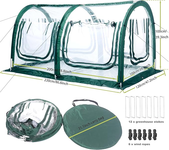 Poray Pop Up Tunnel Greenhouse Tent,Portable 78.8''Long Greenhouse Gardening Flower House ,Plant Sunshine Room with PVC Cover for Protecting Plant from Cold Frost & Birds Insects with Zipper up Mesh