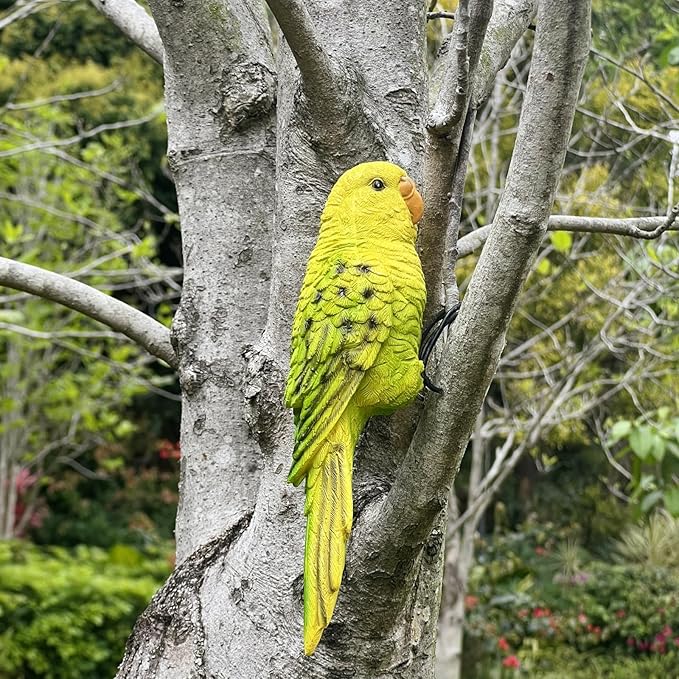 Realistic Parrot Sculpture Resin Hanging Parrots Garden Statues Lifelike Bird Figurines Landscape Ornament Patio Yard Lawn Figurine Tree Decor, Outdoor Garden Wall Statues (GreenYellow)