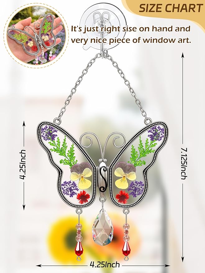 KY&BOSAM Gifts for Mom Family Friends Crystal Butterfly Suncatchers Stained Glass for Windows Wind Chimes Real Flower Colorful Crystal Outdoor for Garden Indoor Home Trees Patio Yard Porch Decor