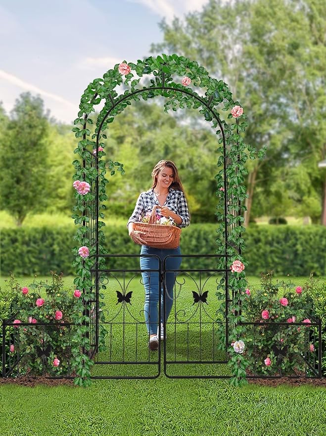 Kalolary Garden Arch with Gate and Plant Box, Heavy Duty Metal Butterfly Garden Arbor for Climbing Plant Raised Bed Rose Vines Climbing Support for Lawn Backyard Patio Outdoor Decor (86.6"x79.8"x20")