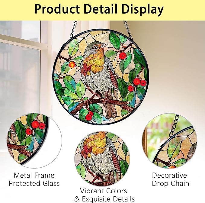 TNUW Bird Stained Glass Window Hanging, Bird Botanical Sun Catchers Indoor Window Glass Round Wall Art Decor, Birds Lover Gifts Wall Hanging Decorations, 7.9＂x7.9＂