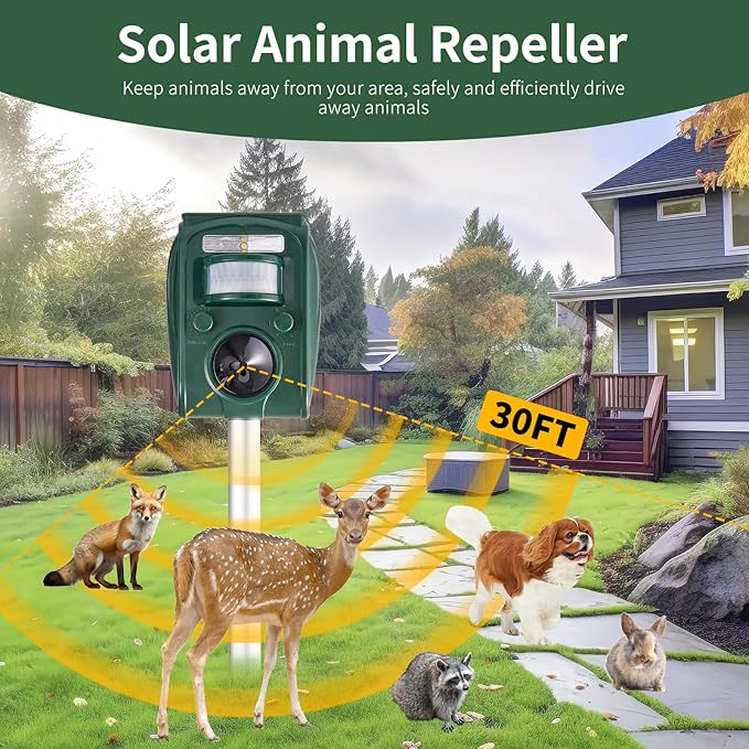 Upgraded Solar Ultrasonic Deer Repellent Devices Motion Detection, Waterproof Cat Repellent Outdoor, Squirrel Raccoon Rabbit Dog Repellent Deterrent with LED Flash Lights for Yard Farm Garden