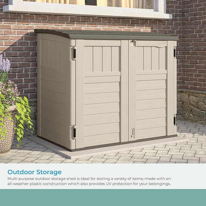 Suncast 34 Cu Ft Capacity Horizontal Outdoor Storage Shed for Garbage Cans, Garden Accessories, Backyard, and Patio Use, Vanilla