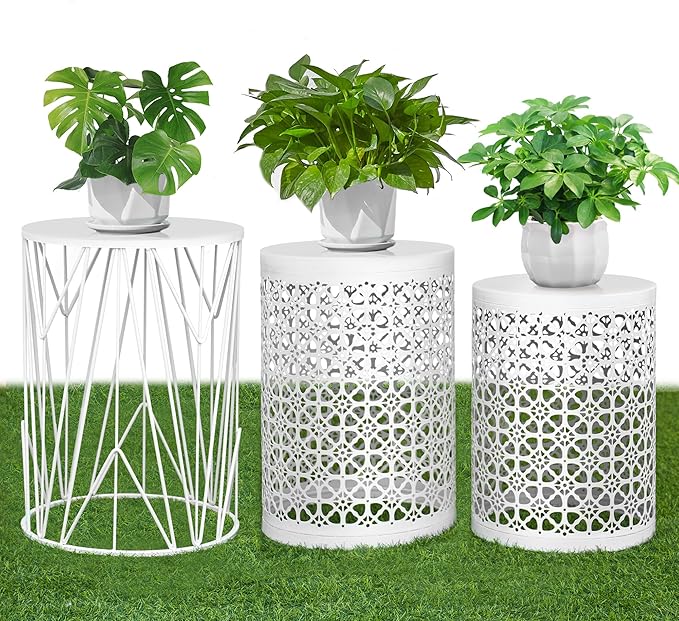 HFHOME Set of 3 Metal Side End Tables Nightstand, Nesting Round Coffee Table for Indoor Outdoor, Heavy Duty Metal Plant Stand Living Room Garden Stool - White
