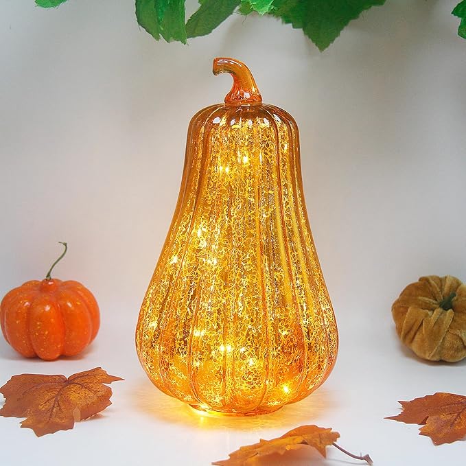 Mercury Glass Pumpkin Lights with Timer, Battery Operated Led Pumpkin Lights for Halloween Fall,Thanksgiving Rustic Decor (Gold Common, 11")