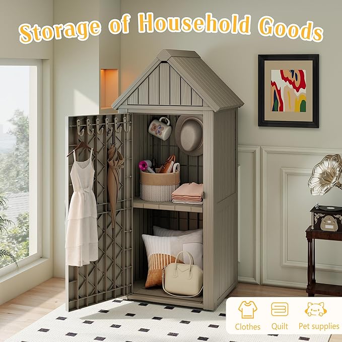 Storage Shed Outdoor Lockable,Waterproof Resin Garden Tool Shed, Heavy-Duty Weather-Resistant Cabinet for Patio, Backyard, or Garage (Grey)