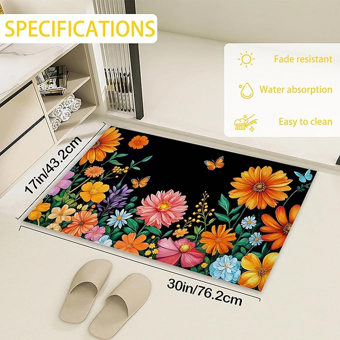 Colorful Flowers Welcome Mat Indoor,Spring Garden Wildflower Butterfly Front Door Mat,Non-Slip Entryway Rug, Low Profile Felt Indoor Doormat for Back Door Porch Patio Entrance,30 x 17 Inch