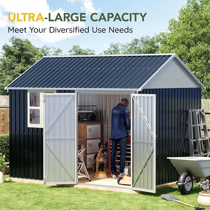 Breezz 8X10FT Outdoor Steel Storage Shed with Clear Window, Lockable Doors, Weather-Resistant Metal Tool Shed for Garden, Backyard, Patio, and Utility Storage.Nightblue
