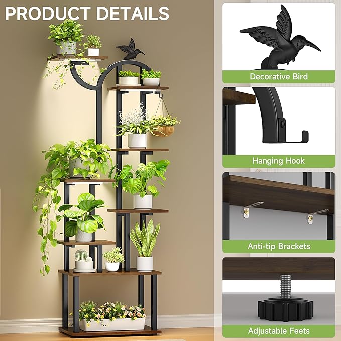 Plant Stand Indoor with Grow Lights, 63" Metal Plant Stand for Indoor Plants, 8 Tiered Tall Plant Shelf with Magnetic Cable Organizers and Decorative Bird, Plant Holder for Patio, Living Room, Home Decor