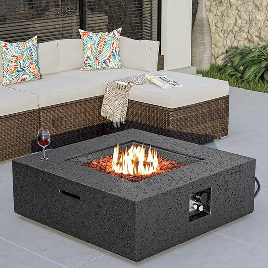 COSIEST Outdoor Propane Fire Pit Coffee Table w Square Faux Stone 35-inch Base, 50,000 BTU Stainless Steel Burner, Free Lava Rocks and Rain Cover, Gray