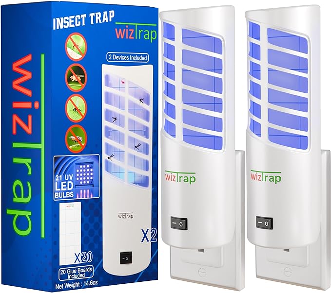 2-Pack Large Indoor Plug in Fly Trap, 21 UV LED Bulbs, 10 Sticky Glue Board Refills, A Home Gnat Trap, Moth, Flies, Mosquito Trap! (2 Devices 10 Glue Boards)