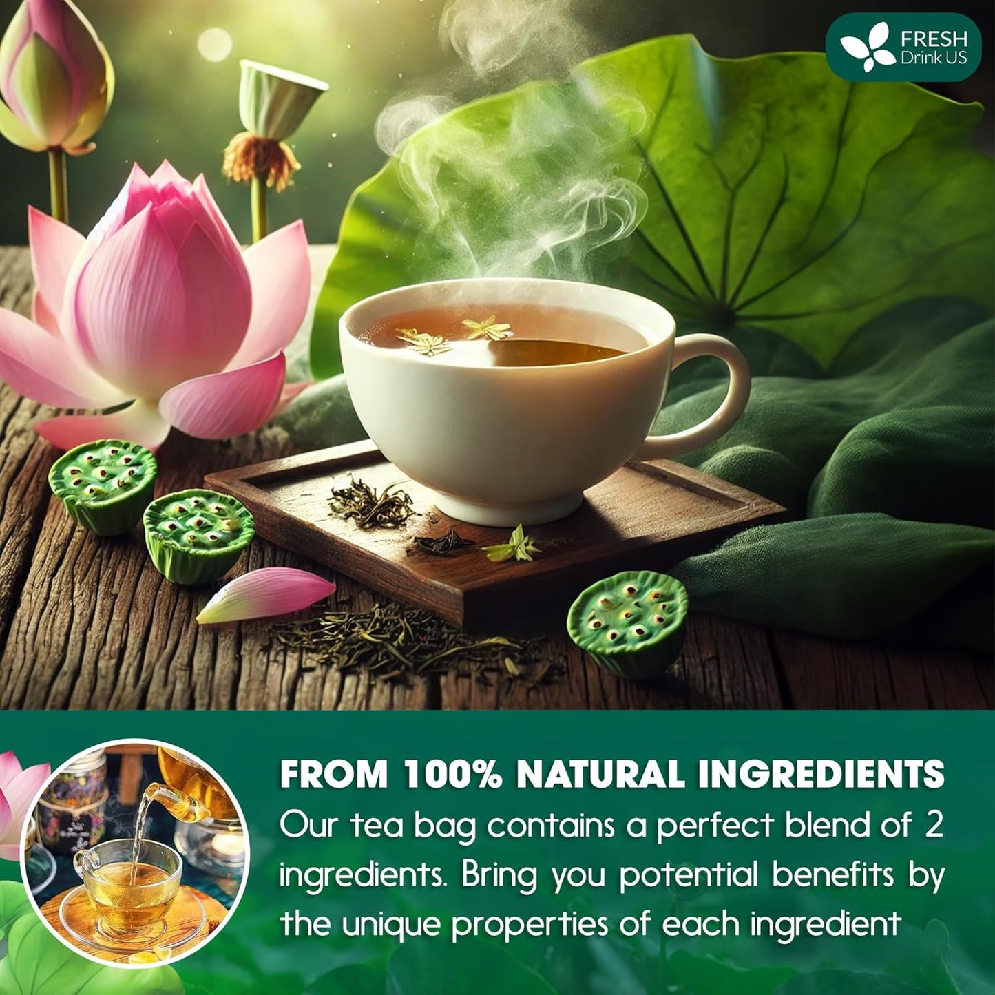 FreshDrinkUS, Premium 20 Tea Bags of Lotus Green Tea, 100% Natural. Exquisite Flavor, Handpicked Leaves, Perfect for Tea Lovers. No Sugar, No Gluten, Vegan.