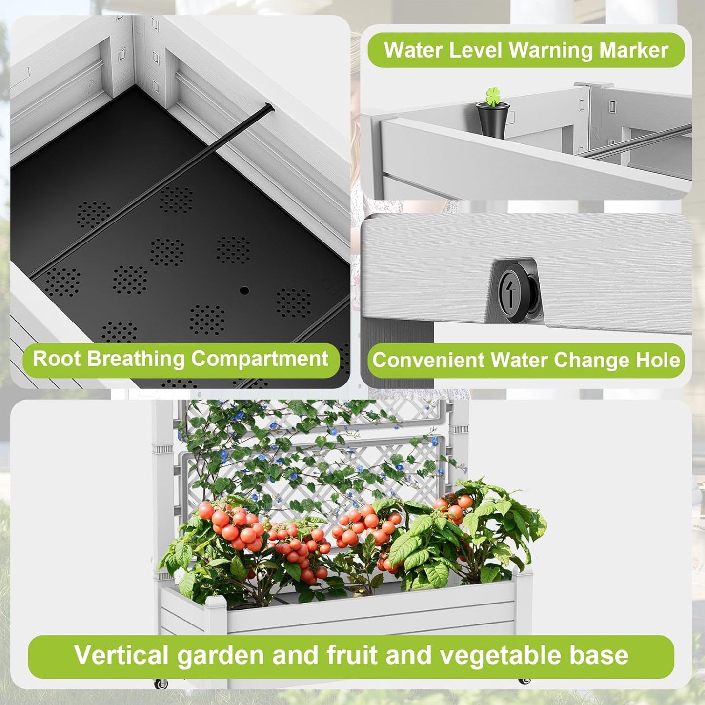 Elevated Raised Garden Bed with Trellis,Outdoor Large Resin Patio Planter Box Stand Divisible with Drain Plug,Water Monitor for Plants Vegetables Flowers Fruits (Ashen, 43.43 * 18.27 * 64.29)