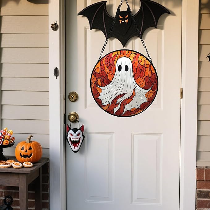 Stained Glass Window Hanging - Halloween Decorations White Ghost Orange Sky Suncatcher for Doors Garden Funny Spooky Sun Catchers Gothic Decor Horror Gifts for Women Men Friend Boy 11.8 in
