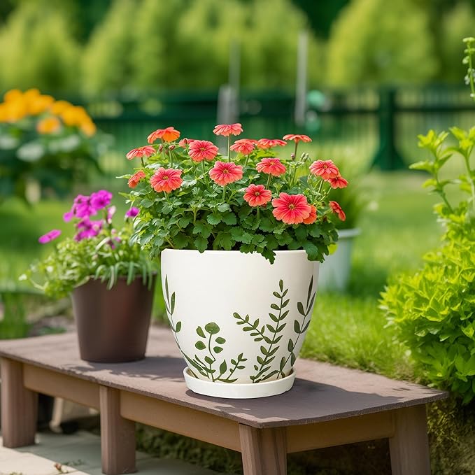 10 Inch Plant Pot - Ceramic Planter for Indoor Outdoor Flowers, Decorative Round Indoor Flower Pot with Drainage Hole and Saucer, Plant Lover Gifts, Garden Patio Home Office Decor, White