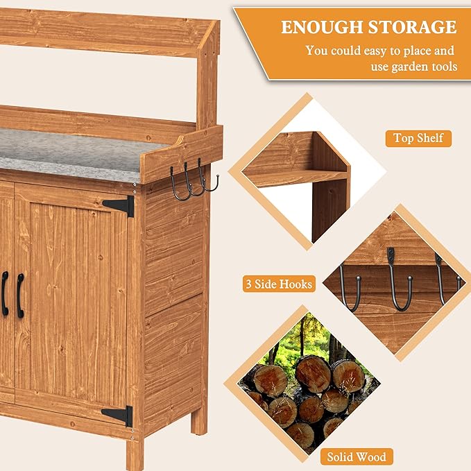 Outdoor Potting Bench with Storage, Wooden Garden Potting Table with Metal Tabletop and Removable Shelf, Potting Work Bench Station for Garden, Patio, Backyard